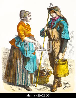 Muenchener Bilderbogen, Kostueme, Scheveningen, Holland, Fischer, Fischfrau, Hafen, Korb, zwei Personen, junger Mann, Tracht, Portraet, 19. Stock Photo