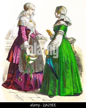 Muenchener Bilderbogen, Kostueme, Friesland, Holland, 19. Jahrhundert, zwei junge Frauen, Gespraech, Tracht, Portraet, historische Illustration 1890 Stock Photo