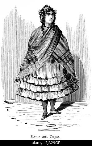 Young woman, distinguished, poncho, indigenous, skirt, hair decoration, barefoot, portrait, historical illustration 1881, Cusco, Peru Stock Photo