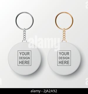 Vector 3d Realistic Blank White Round Keychain with Ring and Chain for Key Isolated on White. Button Badge with Ring Set. Plastic, Metal ID Badge with Stock Vector