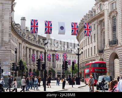 Union Jack flags hanging over Regent Street in London to celebrate the Queen’s Platinum Jubilee Stock Photo
