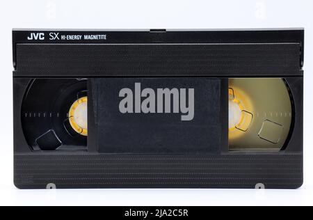 VC SX Hi-Energy Magnetite. Vintage VHS video tape cassette. Retro style technology isolated on white background. Stock Photo