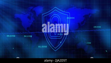 Image of digital shield with padlock over blue background with world map Stock Photo