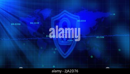 Image of digital shield with padlock over blue background with world map Stock Photo
