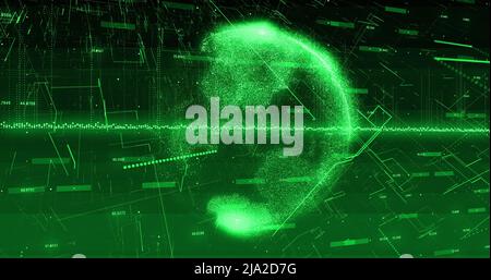 Image of green graphs and globe rotating on green and black background Stock Photo
