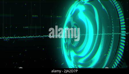 Image of processing circle over black background with green graphs Stock Photo