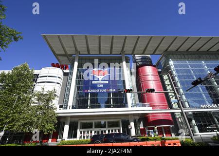 Houston, TX, USA. 26th May, 2022. National Rifle Association (NRA) banners hang from the George R. Brown Convention Center in Houston on the eve of the National Rifle Assn. (NRA) three-day convention. Larger demonstrations are planned over the weekend. (Credit Image: © Bob Daemmrich/ZUMA Press Wire) Stock Photo