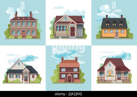 Design concept of various suburban village houses flat vector illustration Stock Vector