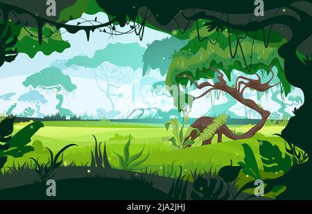 The landscape of the savannah opens up through the jungle flat vector illustration Stock Vector