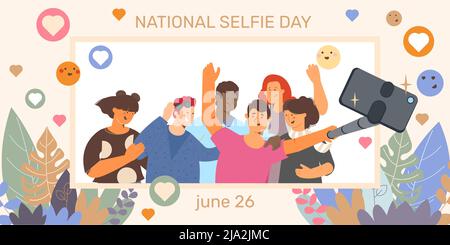 National selfie day card featuring happy people with selfie stick flat vector illustration Stock Vector