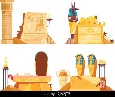 Egyptian burial chambers goods coffin tomb afterlife god offerings wall etching ritual fire 4 compositions vector illustration Stock Vector