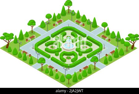 Isometric colored landscape design park concept mini park with green bushes and a large fountain in the center vector illustration Stock Vector