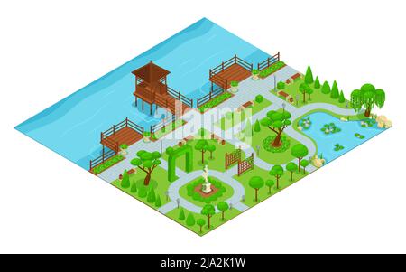 Isometric landscape design park composition park with walking paths by the waterfront with a gazebo green bushes and trees vector illustration Stock Vector