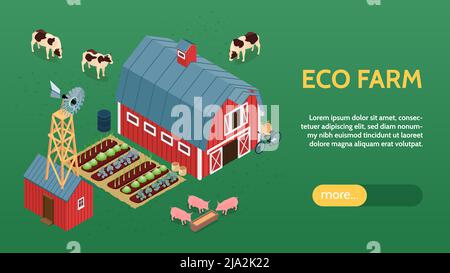Ecological organic farming online eco farm isometric website banner with barn windmill livestock vegetables background vector illustration Stock Vector