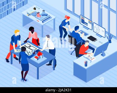 Architectural firm office interior isometric view with architects team discussing project creating 3d computer models vector illustration Stock Vector