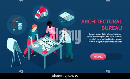 Architectural agency isometric landing page banner with architects team discussing building design project modeling construction vector illustration Stock Vector