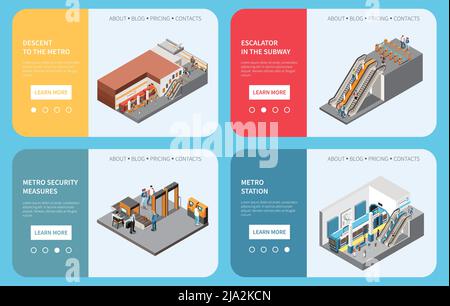 Subway underground metro stations 4 isometric webpages with passengers ascending descending station platform security gates vector illustration Stock Vector