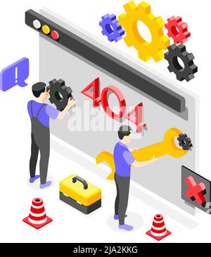 Error isometric composition abstract situation where technicians fix a bug with tools vector illustration Stock Vector