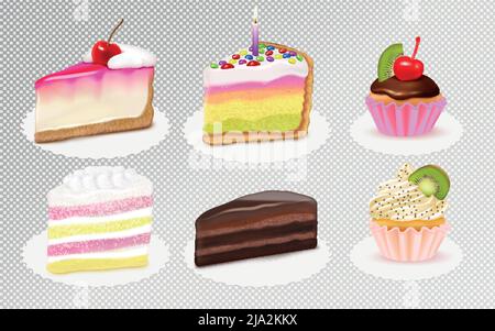 Cake cheesecake pieces and cupcakes realistic set with kiwi cherry vanilla extracts chocolate frosting transparent vector illustration Stock Vector