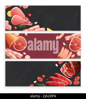 Butcher shop meat products 3 flat appetizing background banners with ham bacon sausages beef shanks vector illustration Stock Vector