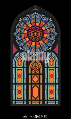Central vertical stained glass mosaic window of the gothic church flat vector illustration Stock Vector