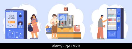 Making purchases using self service machines set flat vector illustration Stock Vector