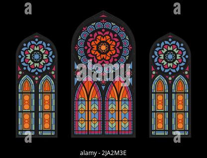 Stained glass colorful mosaic cathedral windows on dark background gothic church beautiful interior view clouseup vector illustration Stock Vector