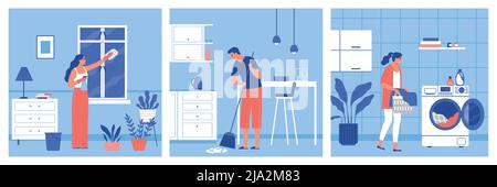 Woman cleaning window while man sweeps floor and another woman washes clothes flat vector illustration Stock Vector