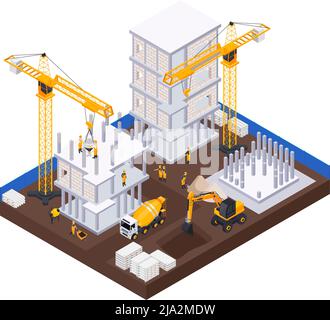 Construction industry isometric concept with equipment and materials symbols vector illustration Stock Vector