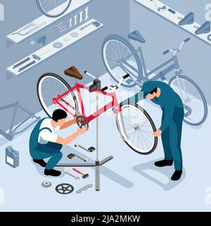 Bicycle maintenance in workshop isometric background with two workers installing bike parts after repair vector illustration Stock Vector