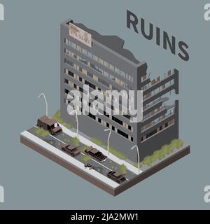 Ruins isometric grey background with post apocalypse destroyed empty multistoried city building vector illustration Stock Vector