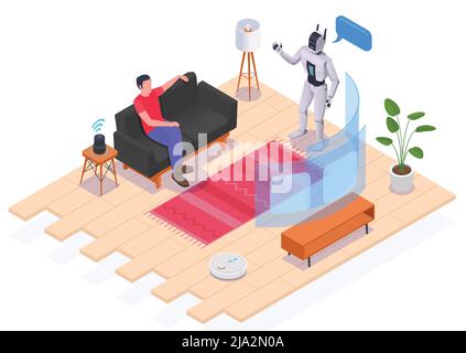 People using interfaces isometric composition man at home sitting on the couch looking at projection screen communicating with robot and voice assista Stock Vector