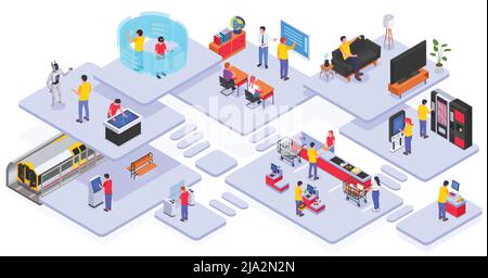 People using interfaces isometric colored composition people stand on abstract podiums and talk to robots voice assistants watch TV through a projecto Stock Vector