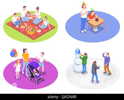 Family holidays set of isometric compositions with human characters of kids and adults in various situations vector illustration Stock Vector