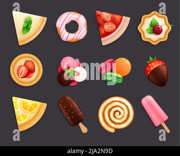 Desserts sweets top view set flat black background lemon pie donut macaron ice cream realistic vector illustration Stock Vector