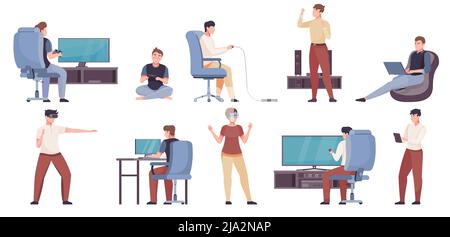 Home electronic entertainment flat set of people gaming with vr glasses and watching movie using theater system isolated vector illustration Stock Vector