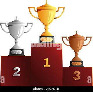 Cups medals reward on pedestal composition with winners podium image with bronze silver and golden cups vector illustration Stock Vector