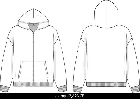 Zip up hoodie sweatshirt flat technical drawing illustration mock-up template for design and tech packs men or unisex fashion CAD streetwear women. Stock Vector