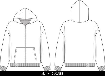 Open full zip hoodie sweatshirt flat technical drawing illustration mock-up template for design tech packs men unisex fashion CAD streetwear vector Stock Vector