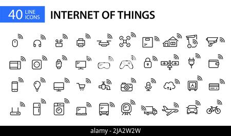 40 Internet of things icons. Smart wifi connected remotely controlled devices. Household, transportation and payment. Pixel perfect, editable stroke  Stock Vector