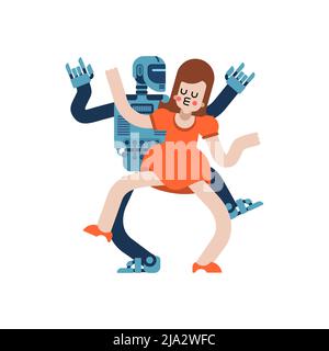 Lovers robot Dancing. Loving couple cyborg and Girl. romantic Romantic relationship. Love and robot illustration 3 Stock Vector