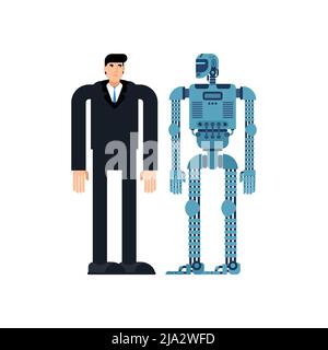 Man and robot. Businessman and cyborg. Robot will replace human. Stock Vector