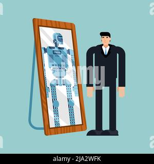 Robot will replace human. Robot is reflected in mirror of man. Concept of replacing people with robots Stock Vector