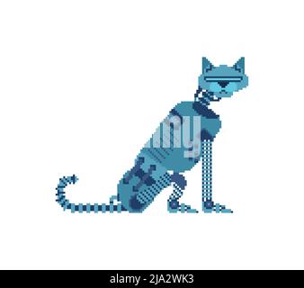 Robot cat pixel art. 8 bit Cyborg cat. pixelated Robotic iron pet. Vector illustration Stock Vector