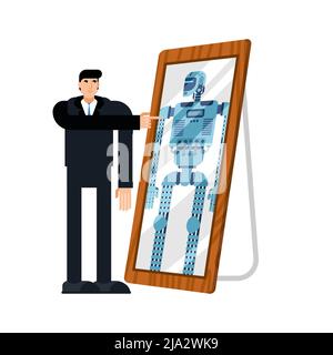 Robot will replace human. Robot is reflected in mirror of man. Concept of replacing people with robots Stock Vector