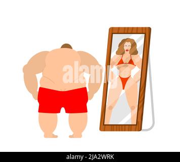 Fat man looks in mirror, reflection of strong woman. man identifies himself as a woman. Concept of accepting one's appearance and identifying oneself Stock Vector