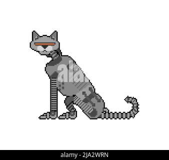 Robot cat pixel art. 8 bit Cyborg cat. pixelated Robotic iron pet. Vector illustration Stock Vector