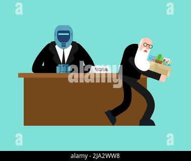 Robot fires man. Boss cyborg kicks out manager. Concept of replacing people with robots Stock Vector