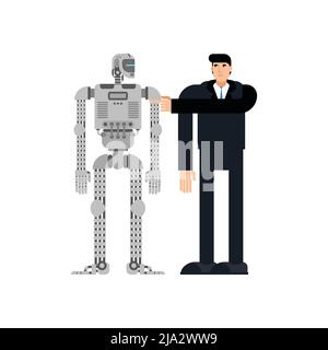 Man and robot. Businessman and cyborg. Robot will replace human. Stock Vector