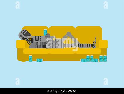Robot drunk and beer and rests. Cyborg drinks alcohol. Concept of an alcoholic of future Stock Vector